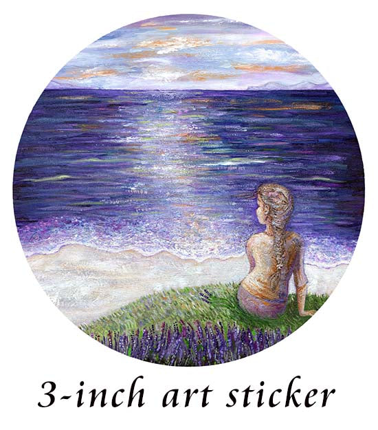 art sticker of woman looking out over purple ocean with lavendar flowers