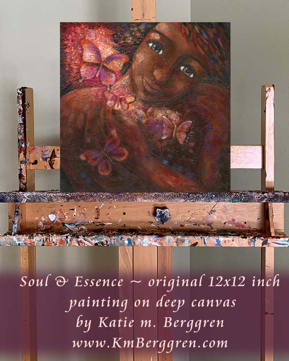 art inspired by stoicism, art inspired by Seneca, african American woman painting, woman of color art, black woman painting, butterflies painting, woman and butterflies, black woman with butterflies art, black skin butterflies, warm art, woman with eye contact art, woman looking at the viewer painting