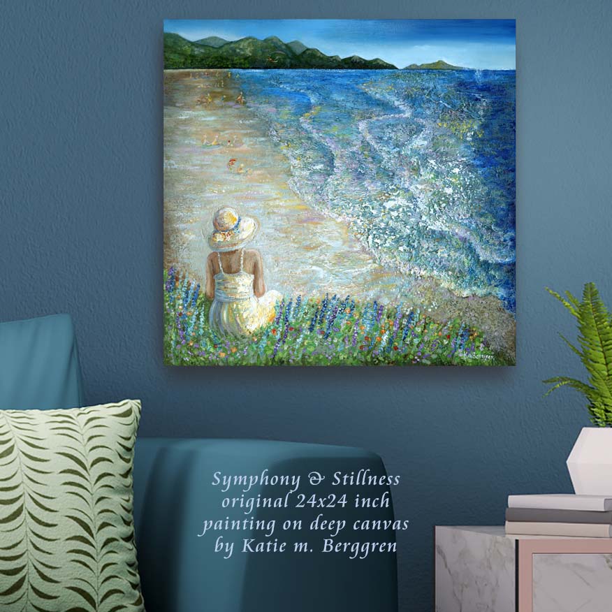 woman overlooking the ocean painting, solitude and peace artwork, back view woman painting, back of woman at ocean, back of girl on the beach , original paintings of women, original art for beach house wall decor