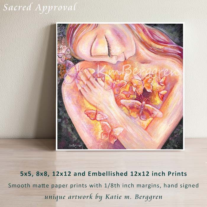 painting of woman with butterflies in her heart, self love artwork, painting of woman with pink hair, pink and yellow butterflies, orange butterfly artwork, painting of self love, painting for strong woman, self-healing artwork, art therapy for women