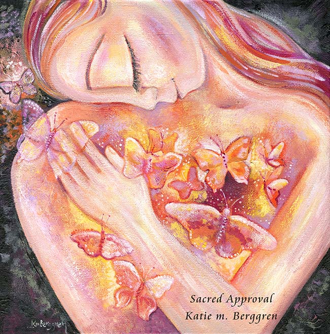 painting of woman with butterflies in her heart, self love artwork, painting of woman with pink hair, pink and yellow butterflies, orange butterfly artwork, painting of self love, painting for strong woman, self-healing artwork, art therapy for women