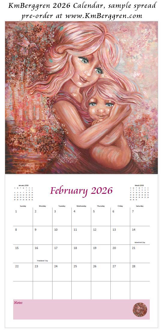 art calendar 2026, km berggren art calendar, mother child calendar, calendar for moms, planner for moms, keepsake calendar, collectible calendar, mom and baby art, calendar for families, calendar for mothers, new baby calendar, new baby gift, new mom gift, push gift artwork, family of 5 painting, mother and two kids, 2 kids artwork, mom and babies painting, paintings of women, art for women