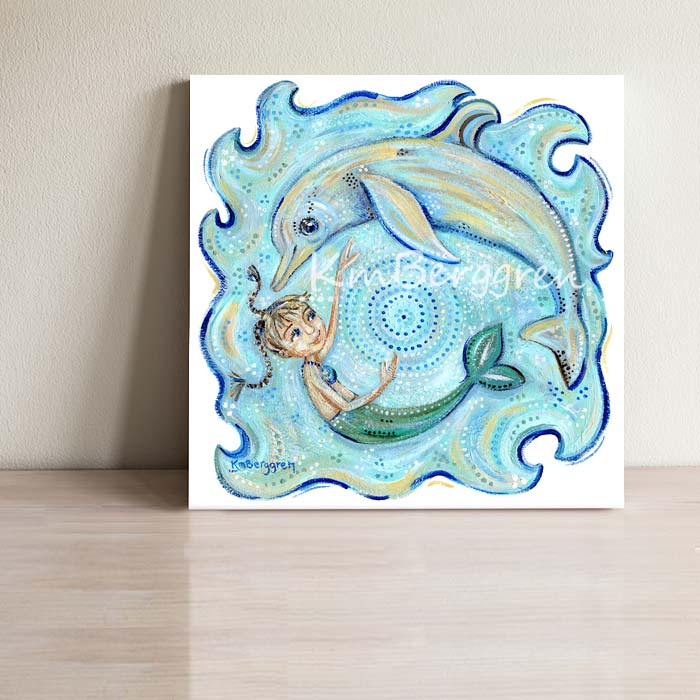 little girl mermaid swimming with a dolphin art print in turquoise colors by KmBerggren, swim with dolphins wall decor, nature-lover art, gifts for girl who loves dolphins and whales