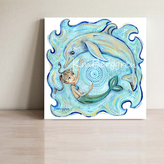 little girl mermaid swimming with a dolphin art print in turquoise colors by KmBerggren, swim with dolphins wall decor, nature-lover art, gifts for girl who loves dolphins and whales