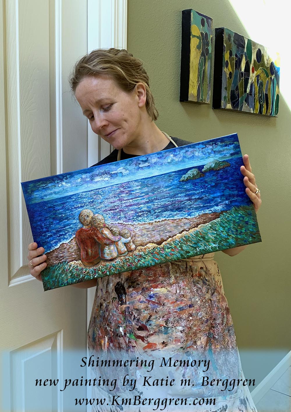 family on beach painting, original artwork of family of four, family of 4 at the beach painting, overlooking the ocean painting, beach painting, kmberggren, kim berggren art, katie m. berggren,