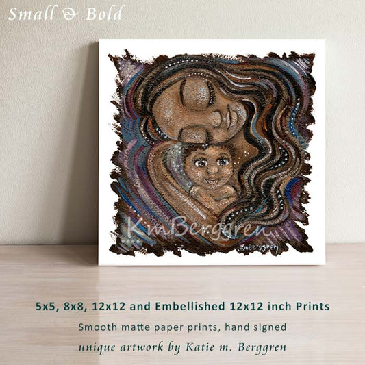 Gorgeous Warm Black Mom & Baby Artwork, long dark hair, child with brown afro, kmberggren, brown skin family