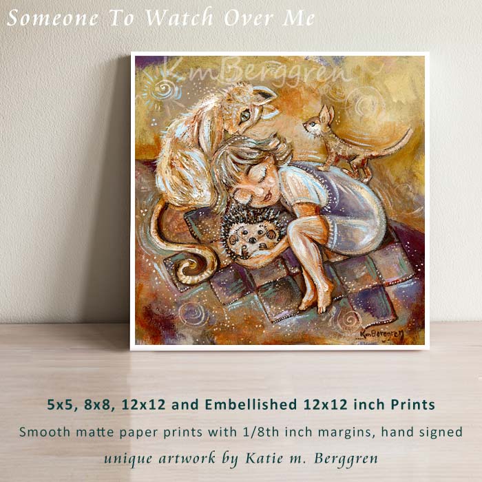 warm comforting artwork, yellow art print of child with hedgehog and cats by KmBerggren, nature wall decor, cats and kittens with short-haired child
