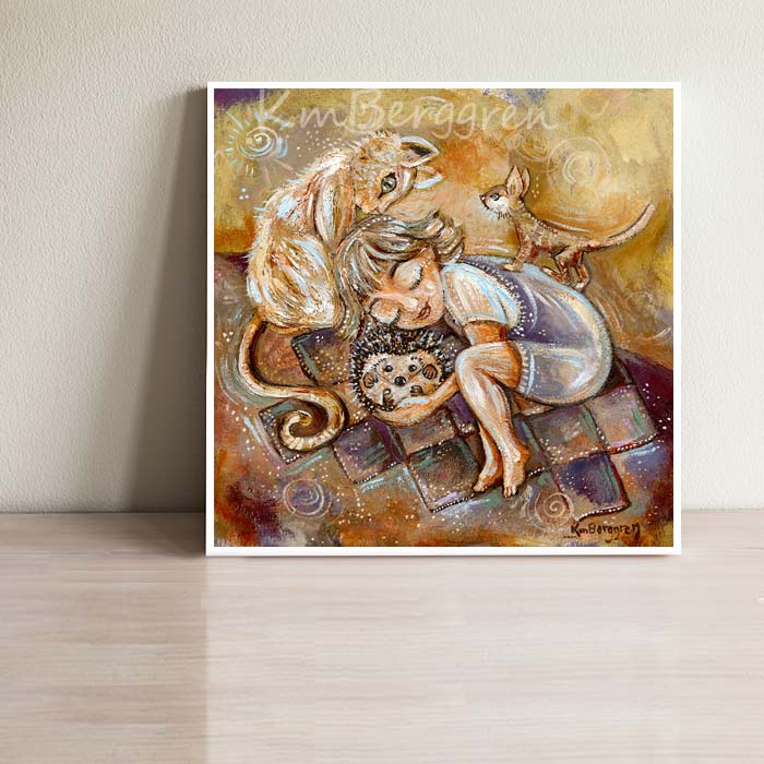 warm comforting artwork, yellow art print of child with hedgehog and cats by KmBerggren, nature wall decor, cats and kittens with short-haired child