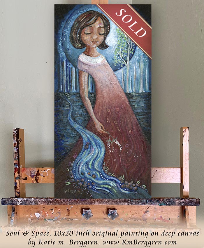 short dark haired woman with stream in the woods, river in the woods art, moon and trees art, woman with moon and forest trees painting, midnight art, moonlight art, serene calming wall decor, art decor for therapy office, female therapist clinic artwork, gift for therapist, inspirational artwork for women, kmberggren, km berggren, katie m berggren art