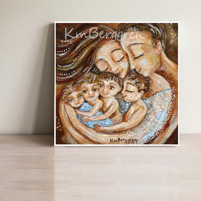father and mother cuddling four young children, artwork in reds and blues by KmBerggren, cosleeping family art, co-sleeping with 4 kids, family bed mom and dad 4 sons