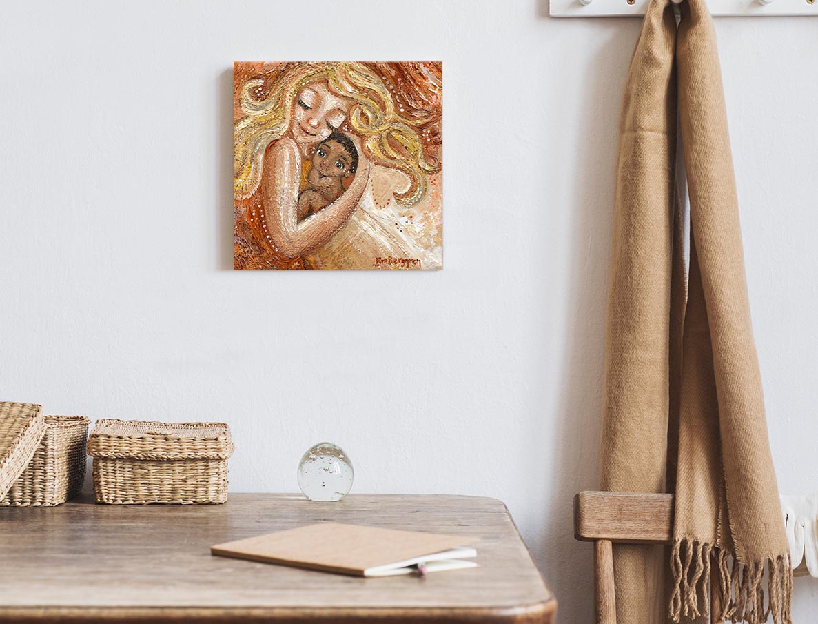 blonde mother dancing with dark skin baby with dark hair, adoption, biracial, mixed race, bi-racial mother and child art gift by kmberggren