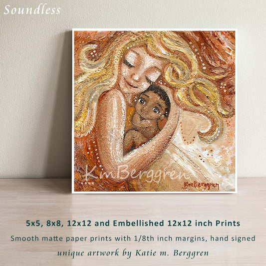 blonde haired white mother cradling a black child with black hair. skin to skin, mother and child dancing, new baby gift, adoption gift, newly adopted child. Biracial child artwork