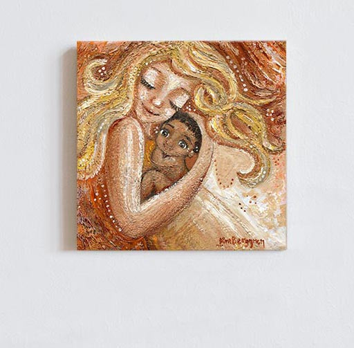 blonde mother dancing with dark skin baby with dark hair, adoption, biracial, mixed race, bi-racial mother and child art gift by kmberggren