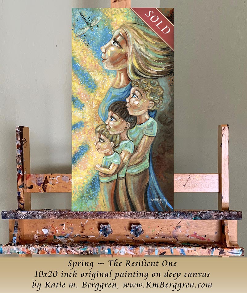 Original Heartfelt & Hopeful Artwork of a Woman Standing with 3 Sons, Facing the Sun and A Positive Future. Motivational Art for Single Mom, KmBerggren