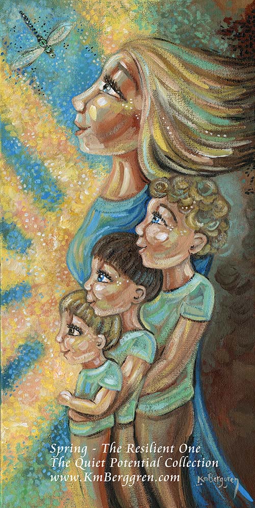 Illustration of a woman with 3 sons children against a colorful sunny background with dragonfly and blue sky, artwork by KmBerggren