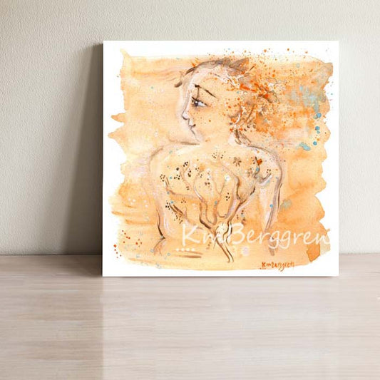 profile orange woman art, confident lone woman, single woman gift, tree growing on woman skin, tree tattoo, woman's back art, water paint print of woman, nude woman art, warm art of women
