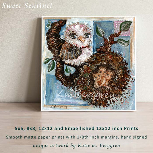 pink bird art with nest holding three children, by KmBerggren