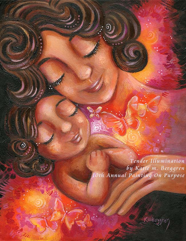 warm mother and daughter art, mom and daughter painting, butterfly painting, motherhood and butterfly painting, orange red magenta butterfly, brown haired mother and daughter, mexican mother and daughter art, art for charity, the hope effect, joshua becker charity, artwork to benefit families