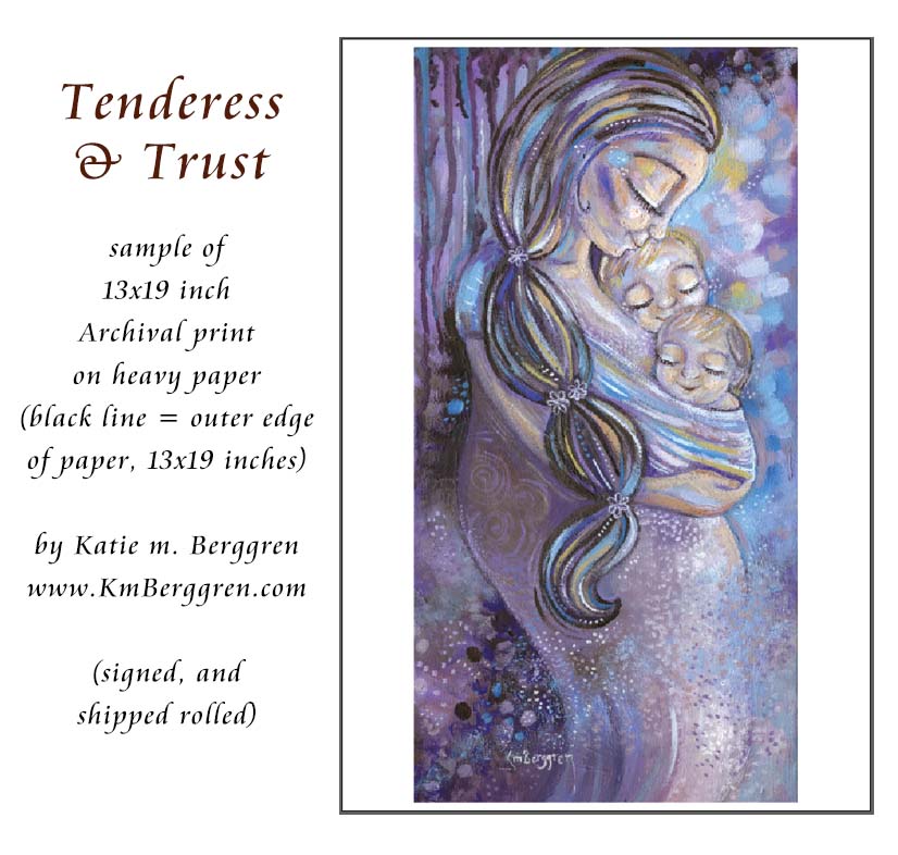 purple painting of mom and two kids, purple wall decor motherhood, mom and babies in purple, babywearing art in purple, purple baby wear art, wrapping baby in violet, lavender artwork, mother and twins art, paint print of mom and twin babies, kmberggren, km berggren, mom baby wall decor, art for baby nursery, art for twin nursery