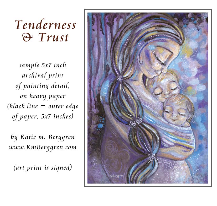 purple painting of mom and two kids, purple wall decor motherhood, mom and babies in purple, babywearing art in purple, purple baby wear art, wrapping baby in violet, lavender artwork, mother and twins art, paint print of mom and twin babies, kmberggren, km berggren, mom baby wall decor, art for baby nursery, art for twin nursery