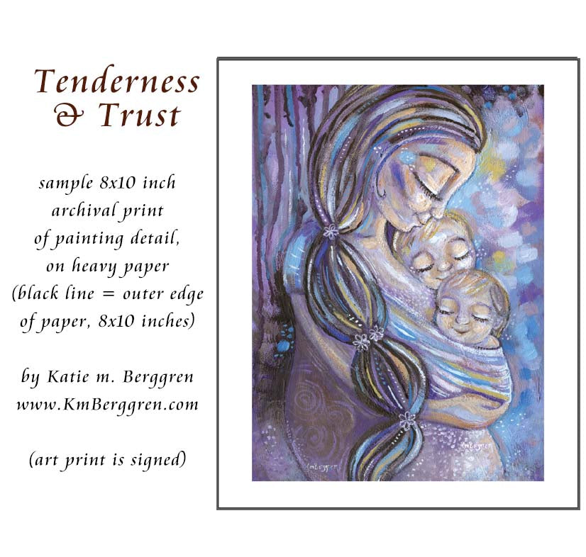purple painting of mom and two kids, purple wall decor motherhood, mom and babies in purple, babywearing art in purple, purple baby wear art, wrapping baby in violet, lavender artwork, mother and twins art, paint print of mom and twin babies, kmberggren, km berggren, mom baby wall decor, art for baby nursery, art for twin nursery