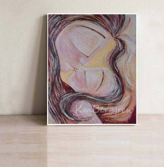 pink mommy and baby artwork, mom kissing child art print, pink wall decor for mothers and children, nursery artwork, intimate mother and child white and pink and yellow art by kmberggren, km berggren, kimberggren