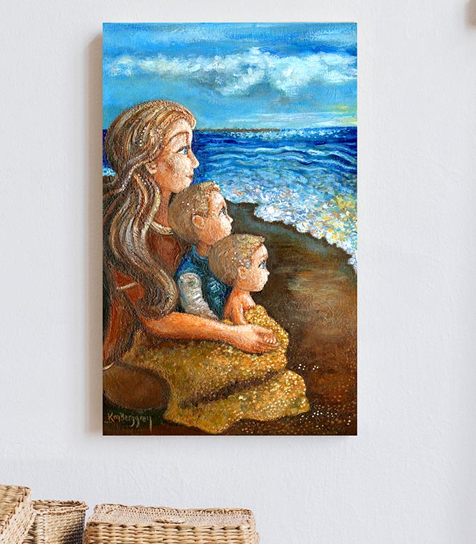 mother and two sons on the beach art, beach art of mom and kids, mom of 2 sons, watching the ocean artwork, beach house wall decor, beach loving woman art, beach lover mom gift, brothers on the beach painting, paintings of the ocean, paintings of the sea, seaside painting