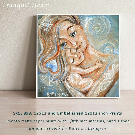 light blue art print of blonde mother with blonde daughter and swirls and body art by Kmberggren