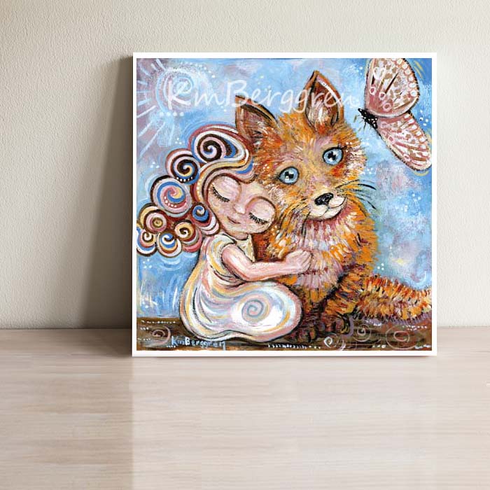 little girl with fox and pink butterfly art print, gift for mom of a little girl, whimsical animal artwork for a little girls bedroom
