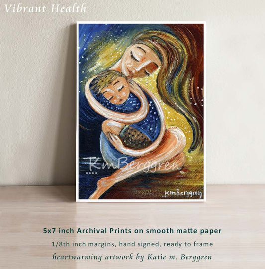 emotional and powerful mother and son painting, red, yellow and blue artwork of a mother hugging her spiky haired blonde son, sitting together, mother and child gift idea