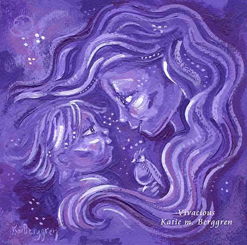 purple mother and child with bird, long hair mom, purple hair, violet artwork, kmberggren, km berggren painting, motherhood art