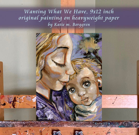 Original Painting of Mother Holding Blue-Eyed Baby - KmBerggren blonde mother blue eyed baby original painting, mother and daughter artwork, mother and son original painting, original painting of woman and child
