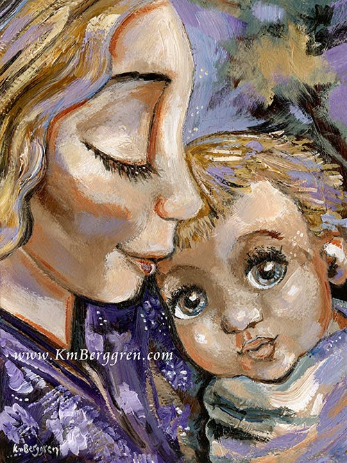 Original Painting of Mother Holding Blue-Eyed Baby - KmBerggren blonde mother blue eyed baby original painting, mother and daughter artwork, mother and son original painting, original painting of woman and child