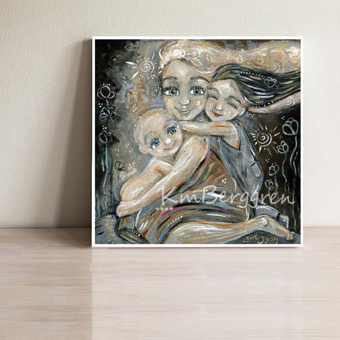 black and white monochromatic art print of mother with white hair and daughter with black hair with bald baby
