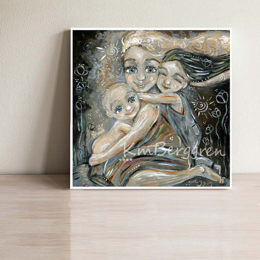 black and white monochromatic art print of mother with white hair and daughter with black hair with bald baby