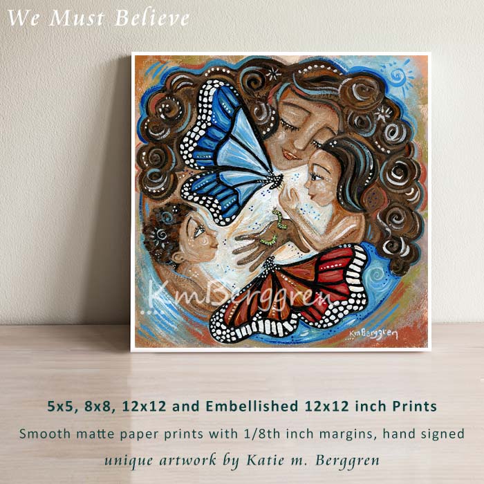 art print of curly brown haired mom with 2 children and 2 large butterflies by KmBerggren