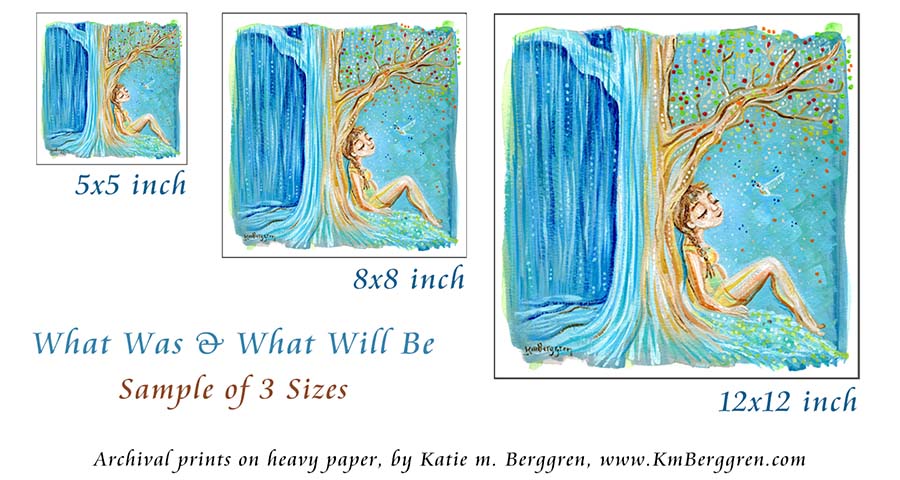 A solitary and confident woman leaning against a tree art print. Rain & Sunshine art. Gift for pregnant mother. Hopeful pregnancy artwork.