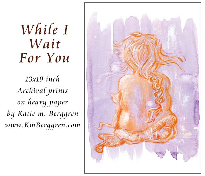 woman and cat art print purple orange painting of nude plus size woman with orange cat whimsical art print by KmBerggren, full body heavy woman back view long orange hair orange cat purple background watercolor expressive artwork