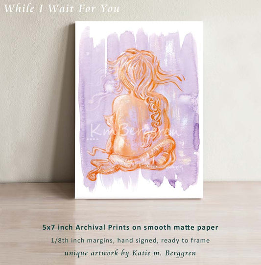 woman and cat art print purple orange painting of nude plus size woman with orange cat whimsical art print by KmBerggren, full body heavy woman back view long orange hair orange cat purple background watercolor expressive artwork
