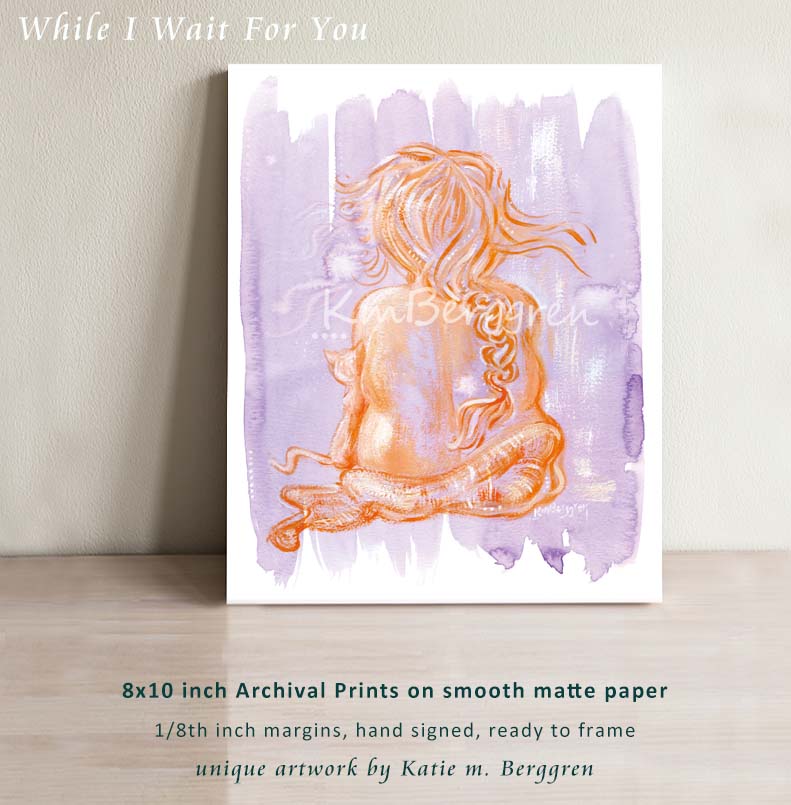 woman and cat art print purple orange painting of nude plus size woman with orange cat whimsical art print by KmBerggren, full body heavy woman back view long orange hair orange cat purple background watercolor expressive artwork