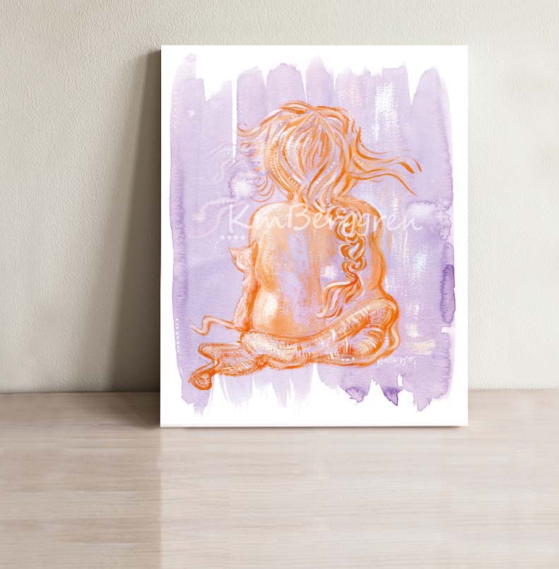 woman and cat art print purple orange painting of nude plus size woman with orange cat whimsical art print by KmBerggren, full body heavy woman back view long orange hair orange cat purple background watercolor expressive artwork