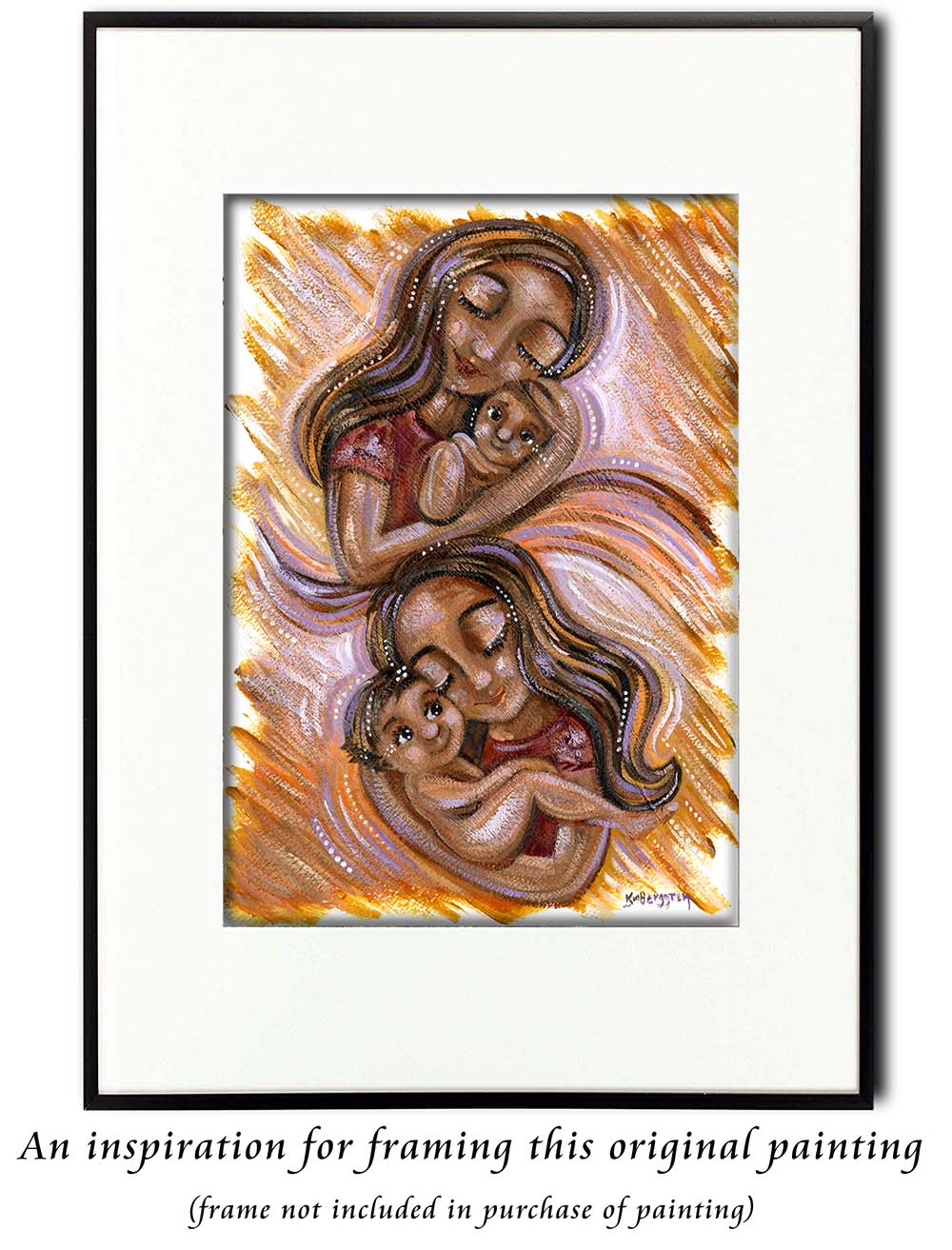 dark skin mother and two children, brown skin artwork, woman of color, same sex couple with children, two women with children, indian mother and baby art, brown family, black family, african american mother and child, original family paintings by Katie m. Berggren