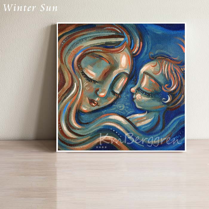 orange and red and blue warm painting of a mother sleeping with a little baby with orange hair, long hair mommy and baby napping artwork by kmberggren