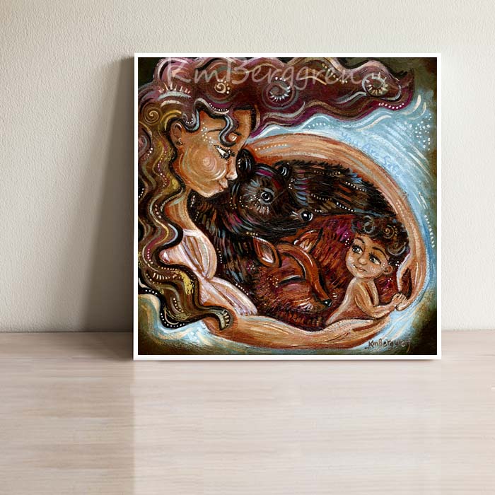 art print on canvas or paper of mother with child fox and bear by KmBerggren, nature artwork, comforting painting of mother and child with animals, animal-lover art prints, wall decor for nature-lover