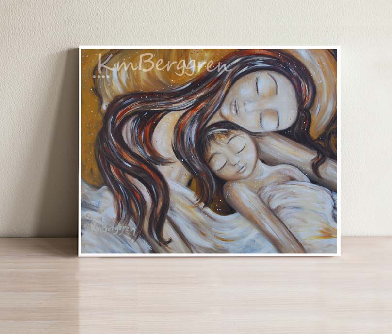 tender warm painting of a golden scene with mother sleeping with son on a yellow pillow, white blanket, long brown hair mama, cosleeping co-sleeping art by KmBerggren