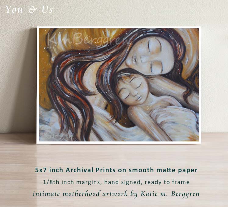 tender warm painting of a golden scene with mother sleeping with son on a yellow pillow, white blanket, long brown hair mama, cosleeping co-sleeping art by KmBerggren