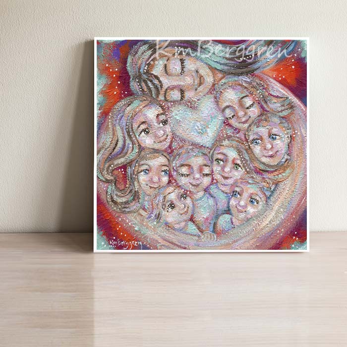 mother and 8 kids art print, painting of mom with eight kids, rainbow colored artwork of a big family