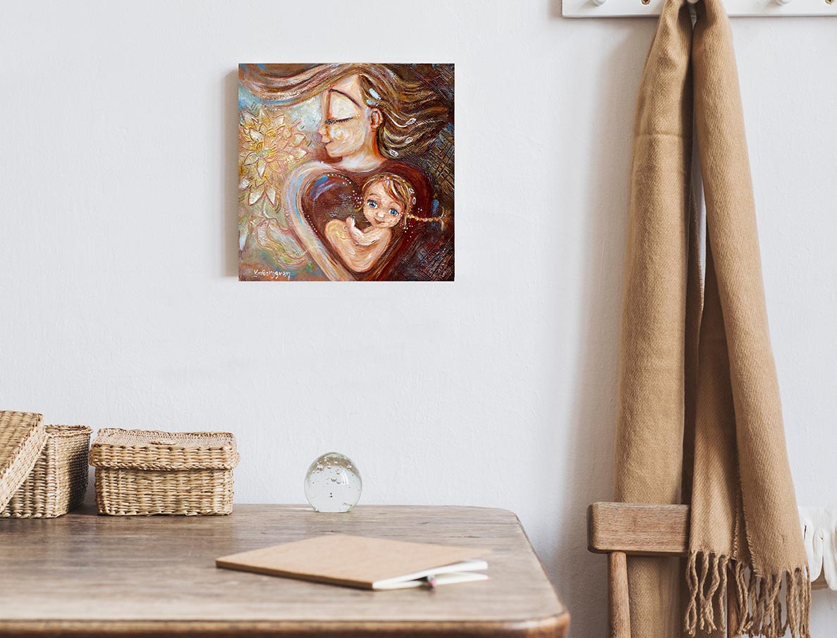 inner child artwork, painting of woman with child in her heart, mother daughter, woman inner child, big flower artwork, little girl in mother's heart, blonde hair blue eye daughter, inner strength artwork, inner child painting, strong woman artwork