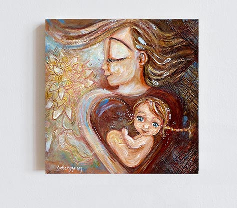 inner child artwork, painting of woman with child in her heart, mother daughter, woman inner child, big flower artwork, little girl in mother's heart, blonde hair blue eye daughter, inner strength artwork, inner child painting, strong woman artwork