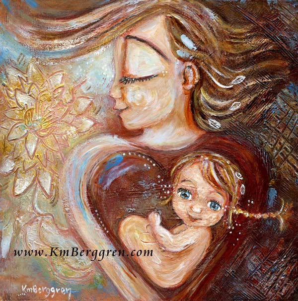 inner child artwork, painting of woman with child in her heart, mother daughter, woman inner child, big flower artwork, little girl in mother's heart, blonde hair blue eye daughter, inner strength artwork, inner child painting, strong woman artwork